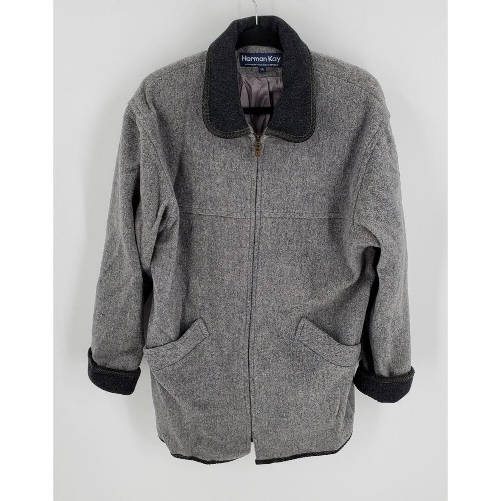 Vintage Herman Kay Coat Gray Wool Blend Zip  Size 14 Womens With Pockets